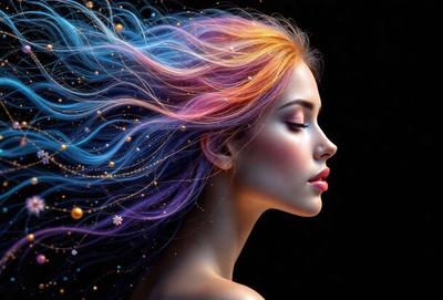 The primary subject of the image is a woman with long, colorful hair. She is the main focus of the image, and her hair is the most prominent feature. The setting is a dark background, which contrasts with the woman's vibrant hair. The visual style of the image is a digital art or illustration, as it is a detailed and intricate representation of the woman's hair. The colors and mood of the image are lively and energetic, as the woman's hair is depicted in